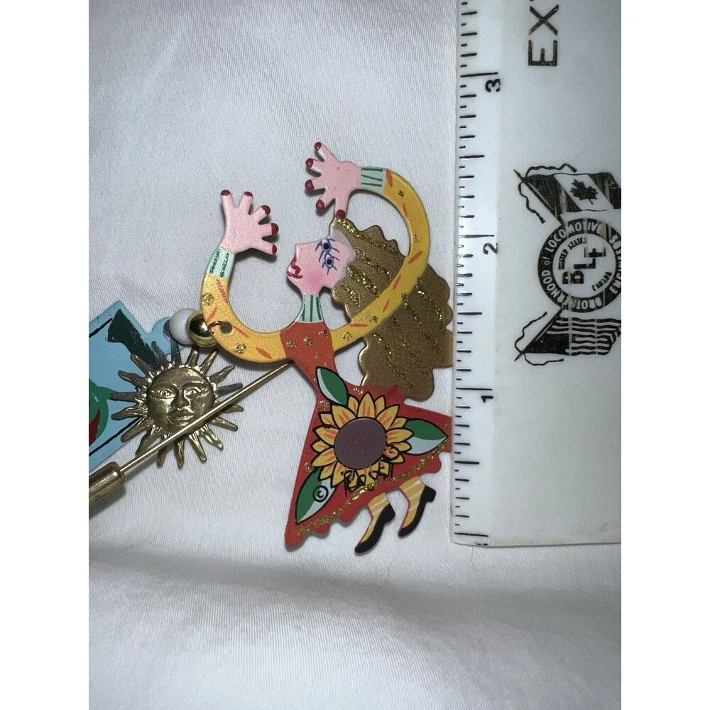 Vintage Karen Rossi Gardener Fairy Metal Stick Brooch Pin Sunflower Tomato Sun
